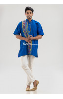Men's Cotton Kurta Handmade Kantha Stitch Work Royal Blue (NS68)