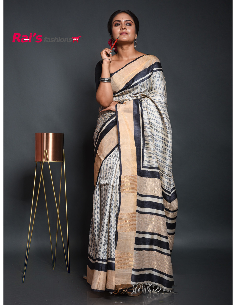 All Over Printed Pure Tussar Silk Saree With Zari Border (RAI201003121)