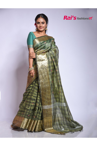 Handloom Silk Linen Shibori Printed Saree With Traditional Benarasi Weaving Border And All Over Fine Multi Color Weaving Small Butta Design (RAI201003821)