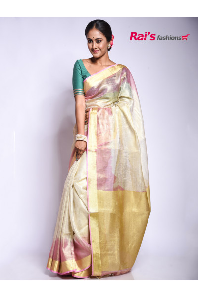 Handloom Tissue Linen Saree With Contrast Color Dye Border And Golden Zari Weaving Highlighted Pallu (RAI201004221)