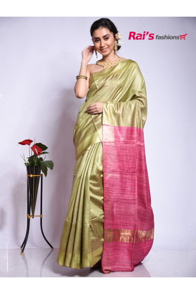 Handloom Tussar Silk Cotton Saree With Contrast Color Gicha Pallu And Golden Zari Border (RAI201004321)