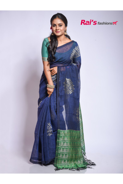  Linen by Linen Saree With Golden Zari Multi Floral Weaving Butta And Contrast Color Pallu With Heavy Design (RAI201005521)
