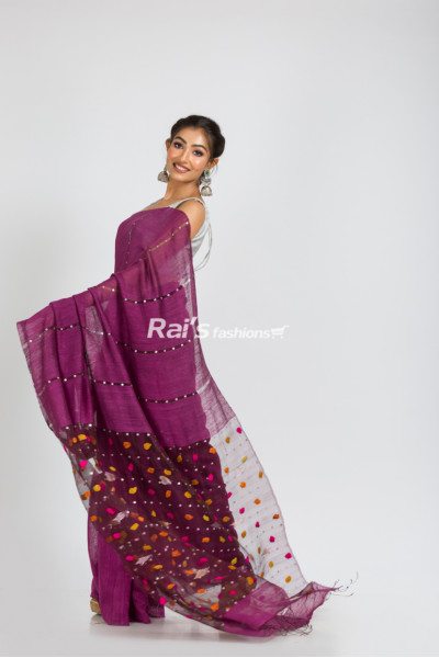 Handspun Matka Silk Saree With Reshom Silk Shell Sequin Stripes All Over And Reshom Silk Pallu With Pocket Weaving Wool Butta Design (RAI351)