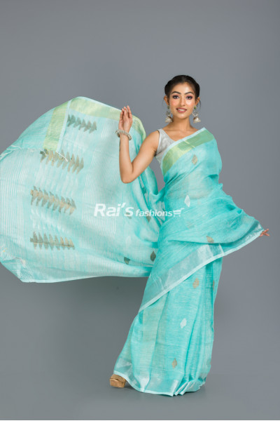 Natural Fabric Linen By Linen With Golden Zari Border And Silver And Golden Zari Weaving Butta Work All Over (RAI352)
