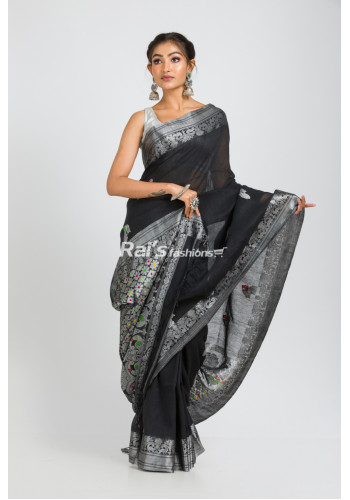 Organic Linen Saree With Silver Zari Weaving Benarasi Work (RAI353)