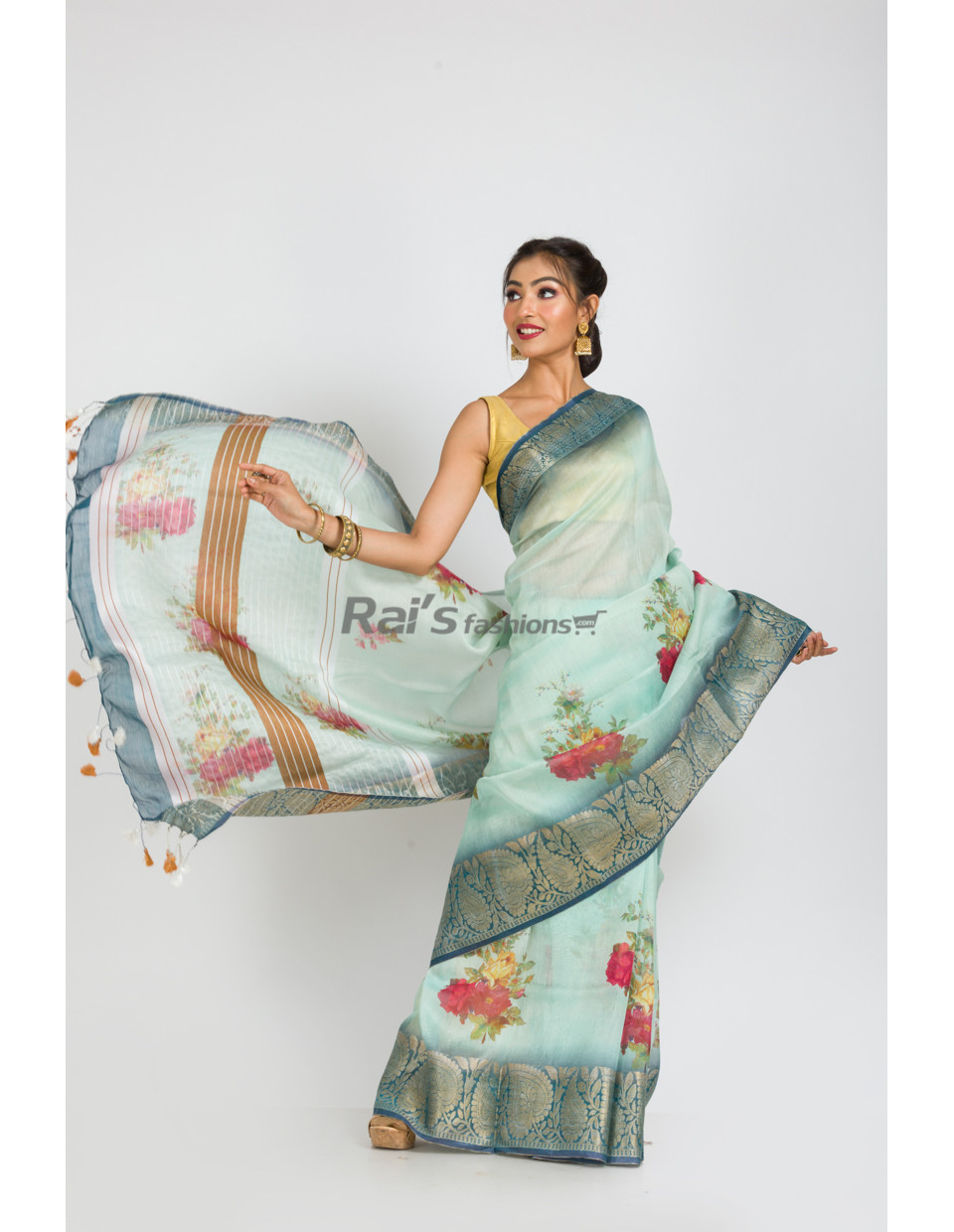 Premium Quality Silk Linen Saree With Digital Print All Over And Zari Weaving Border (RAI363)