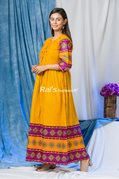 Mustard Yellow Shade Cotton Printed Long Dress (RAI467)