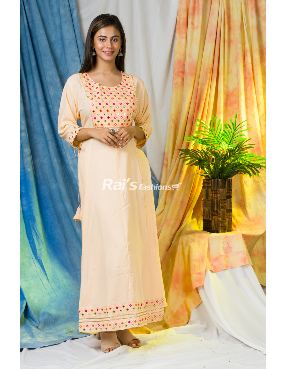 Rayon Cotton Fabric With Mirror Design Worked Long Dress (RAI454)
