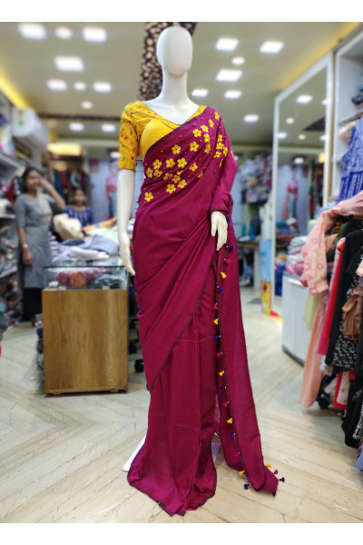 Plain Khadi Cotton Saree With Beautiful Embroidery And Beads Work (RD16)