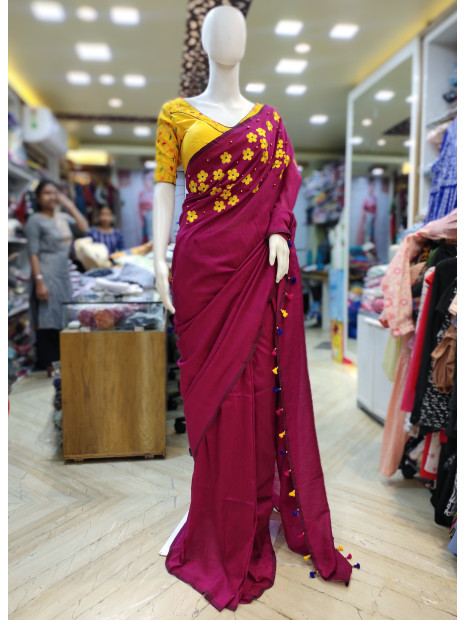 Plain Khadi Cotton Saree With Beautiful Embroidery And Beads Work (RD16)