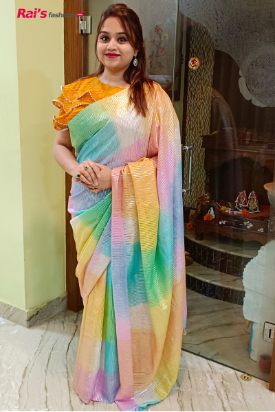 Handloom Soft Silk Saree With Silver Zari Stripes All Over Base With Multi Color Dye Pallu Pompom Design (RAI8FG19)