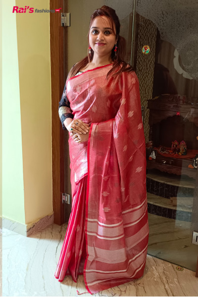 Tissue Linen Saree With All Over Weaving Butta Work And Silver Zari Border (RAI7FF22)