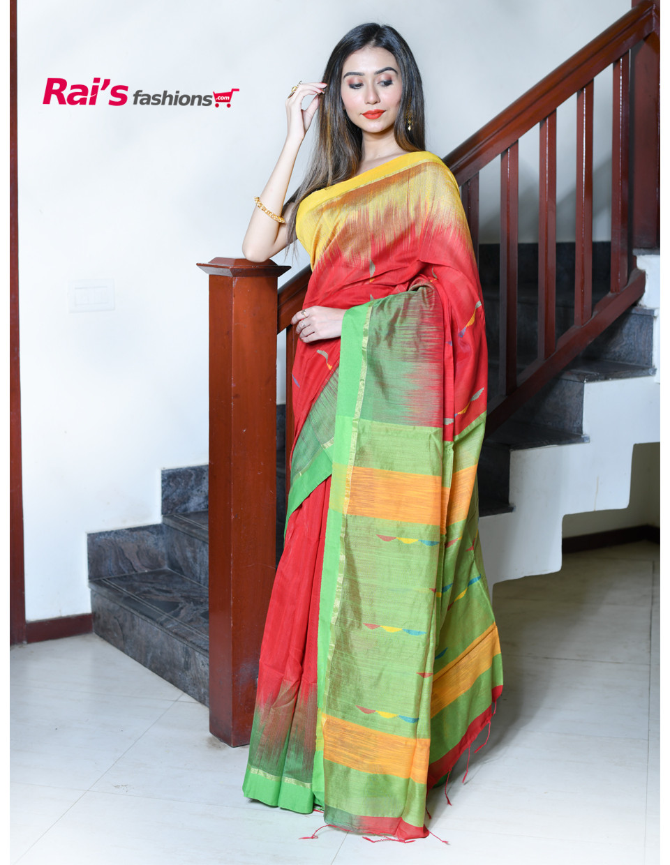 Handloom Cotton Silk Saree With Ikkat Contrast Border And Contrast Color Pallu And Multi Color Weaving Butta Work (RAI234)