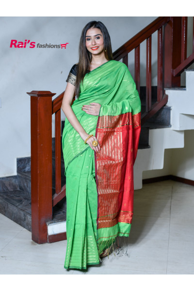 Handloom Cotton Silk With Zari Weaving Stripes Pattern Border And Contrast Color Pallu (RAI235)