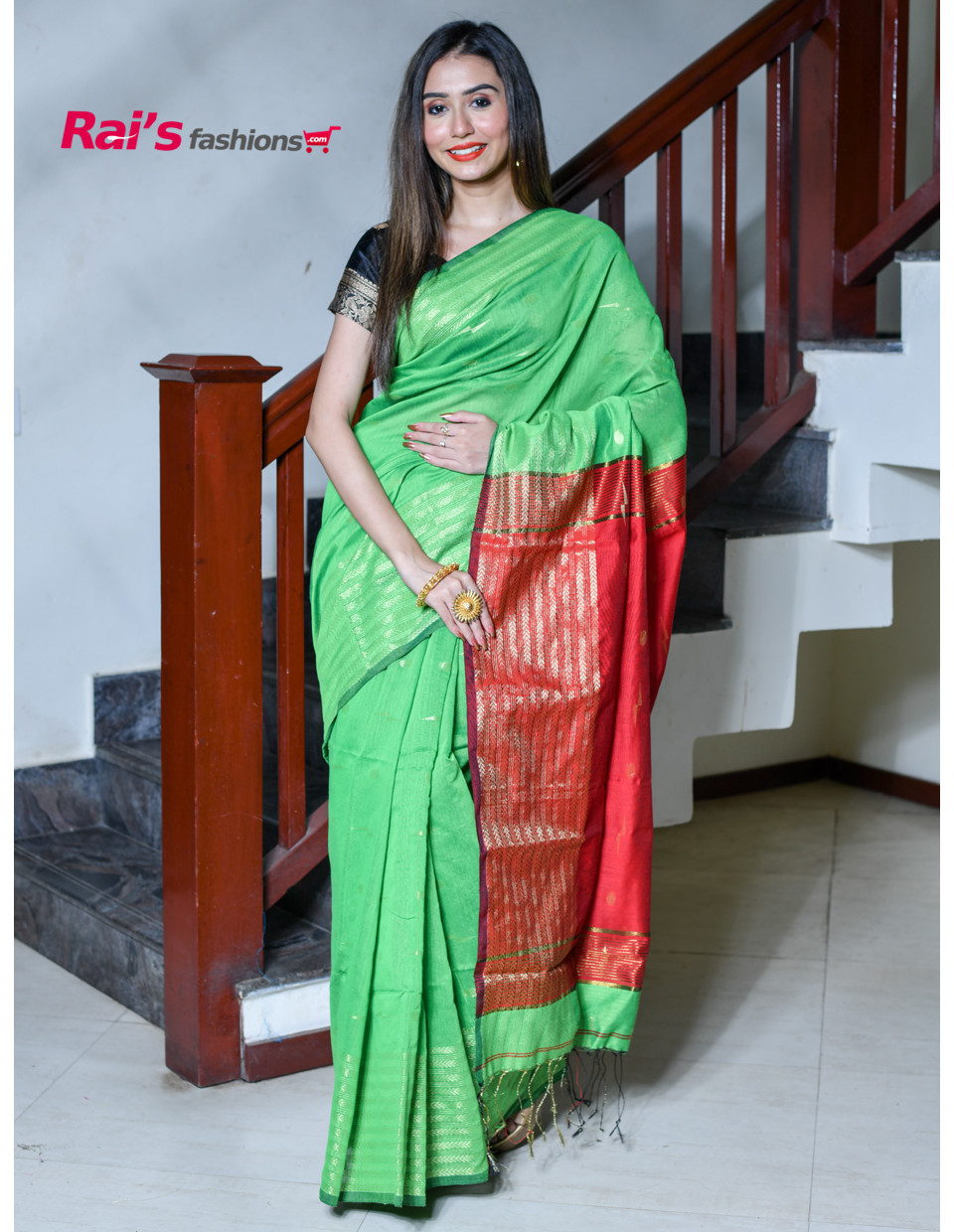 Handloom Cotton Silk With Zari Weaving Stripes Pattern Border And Contrast Color Pallu (RAI235)