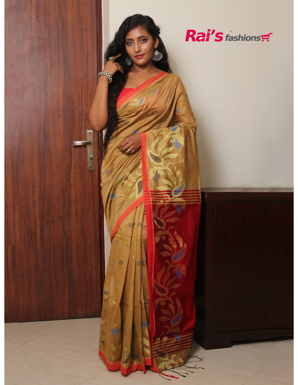 Handloom Cotton Silk Saree With Zari Weaving Highlighted Border And Contrast Color Pallu (RAI108)