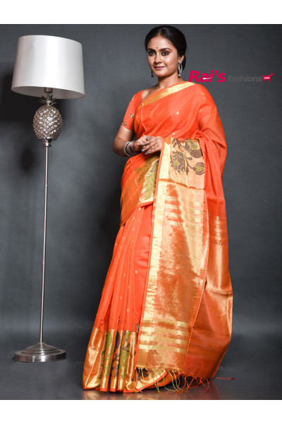 Handloom Reshom Silk Cotton Saree With Golden Zari Border And Highlighted Tyangyl Weaving Design On Border (KR68)