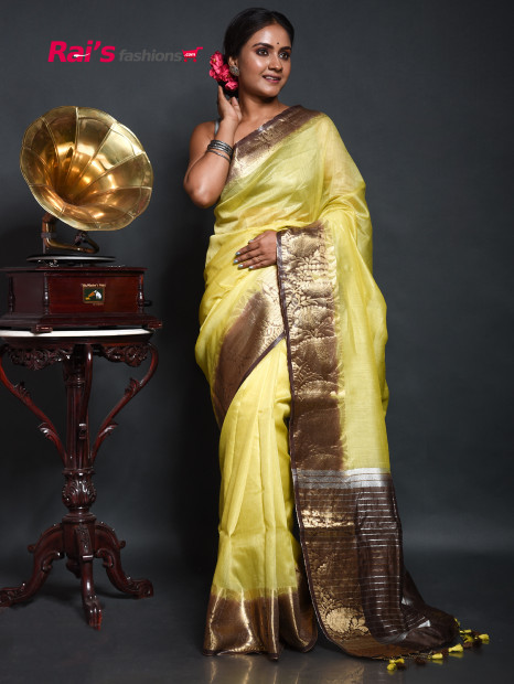 Handloom Silk Linen Saree With Fine Benarasi Weaving Border And Contrast Color Pallu (RAI10061)