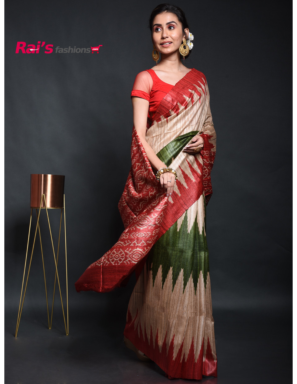 Premium Quality Pure Gicha Silk Saree With  Contrast Color Temple Pattern Print All Over (KR74)