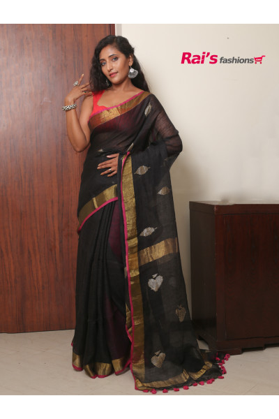 Pure Handloom Natural Fabric Linen By Linen Saree With Fine Handweaving  Jamdani Butta (RAI115)
