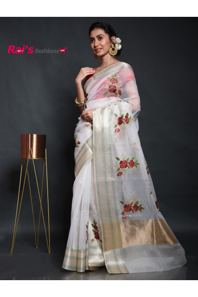 Pure Oraganza Silk Saree With Contrast Color Weaving Border And All Over Fine Embroidery Work (KR78)