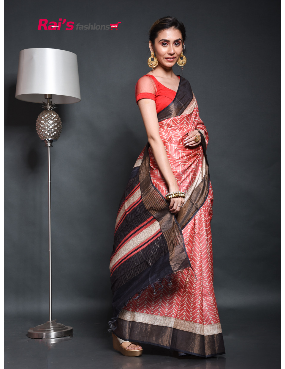Pure Tussar Silk Saree With Golden Zari Border And All Over Block Print (KR80)