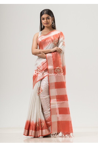 All Over Embroidery Butta Weaving And Strips Pattern Pallu Design Tissue Cotton Saree (NS22)