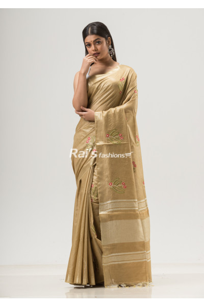 All Over Embroidery Worked Soft Silk Saree With Stripes Pattern Pallu (NS32)