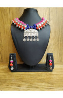 Silver Kolapuri Charms and Color Cotton Balls Combine Choker Necklace With Pendant (R484)