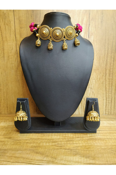 Golden Pendant And Jhumka Combine Choker With Jhumka (KR485)
