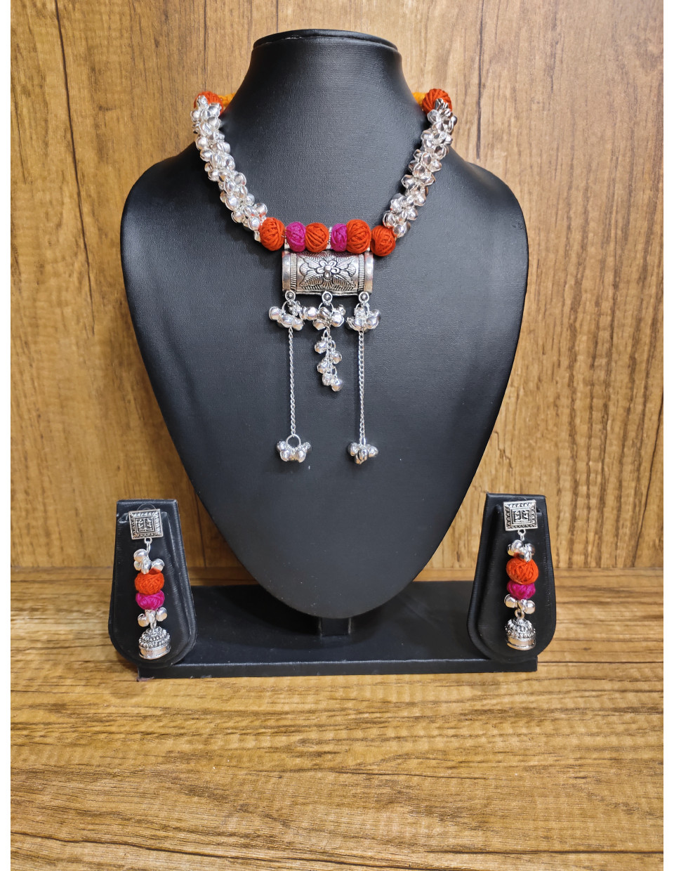 Silver Oxidize Ghungroo And Cotton Ball Combine Handmade Jewellery With Silver Pendant (KR422) Silver Oxidize Ghungroo And Cotton Ball Combine Handmade Jewellery With Silver Pendant (KR422)