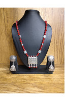 Red Glass Beads And Pendant Combine Long Neckpiece With Fancy Earrings (KR470)