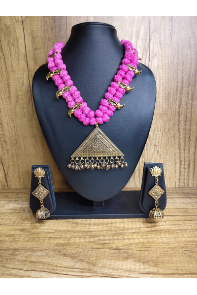 Golden Kolapuri Charms And Pink Cotton Balls Combine Jewellery Set (KR500)