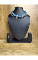 Silver Oxidize Charms And Contrast Cotton Ball Combine Handcrafted Fancy Neckpiece With Earrings (KR423)