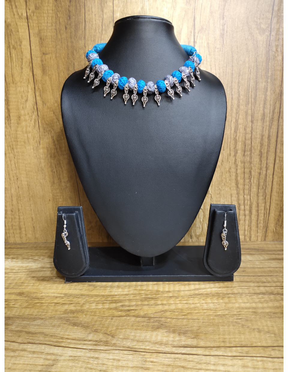 Silver Oxidize Charms And Contrast Cotton Ball Combine Handcrafted Fancy Neckpiece With Earrings (KR423) Silver Oxidize Charms And Contrast Cotton Ball Combine Handcrafted Fancy Neckpiece With Earrings (KR423)