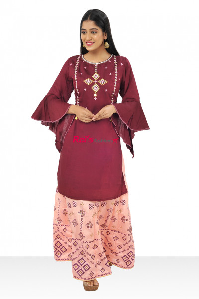 Rayon Cotton Round Neck Kurti With All Over Embroidery Work With Fancy Skirt (KR534)
