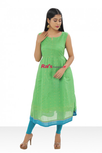 Cotton Round Neck Flared Kurti with Contrast Color Border (KR527)