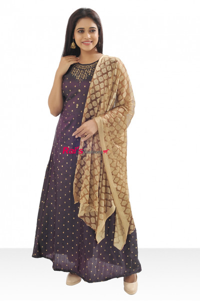 Round Neck Beads Work And All Over Zari Work Design Gown (KR611)