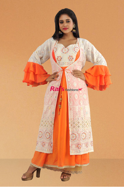 Long Fancy Gown With Mirror Work Jacket (KR584)