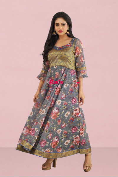Floral Print And Brocade Work Design Fancy Long Gown (KR610)