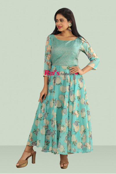 Brocade And Floral Printed Long Gown (KR612)