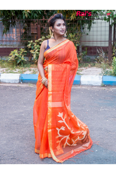 Handloom Muslin Silk Cotton Saree With All Over Sequin Stripes Design And Silver Zari Work Jamdani Pallu (JN21R14)