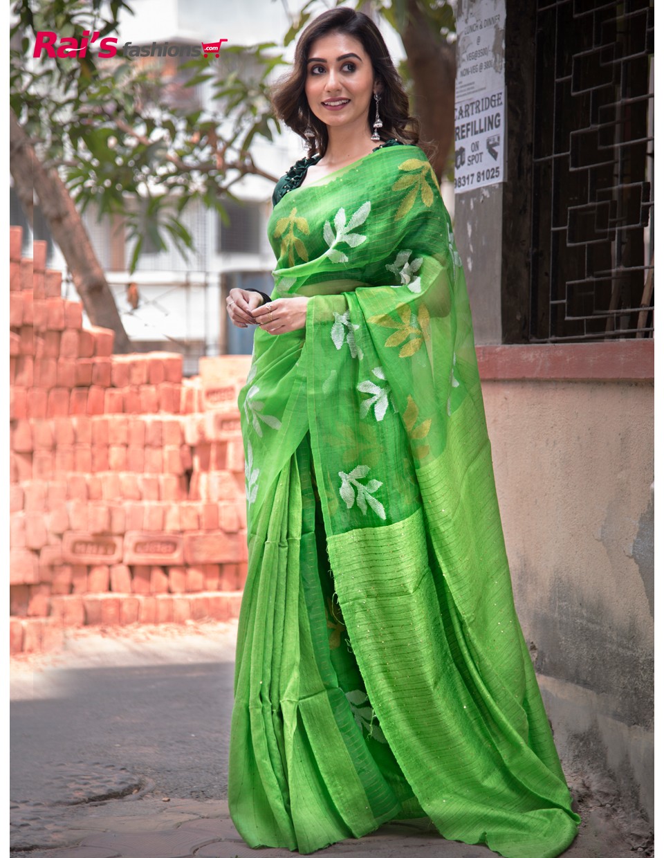 Pure Handspun Matka With Sequin Work And Reshom Silk Jamdani Half Half Saree (APA2148)