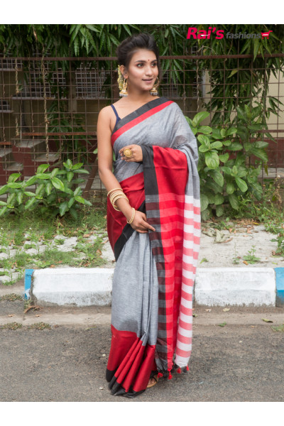 Handloom Cotton Saree With Contrast Color Highlighted Border And Stripes Pallu (JN21R10)