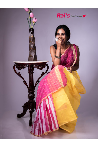 Handloom Cotton Silk Saree With Contrast Color Stripes Pleats And Weaving Gicha Stripes Pallu (MA21A66)