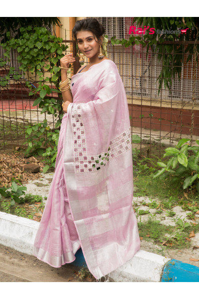 Handloom Tissue Silk Linen Saree With Cutwork And Artificial Mirror Design (JN21R19)