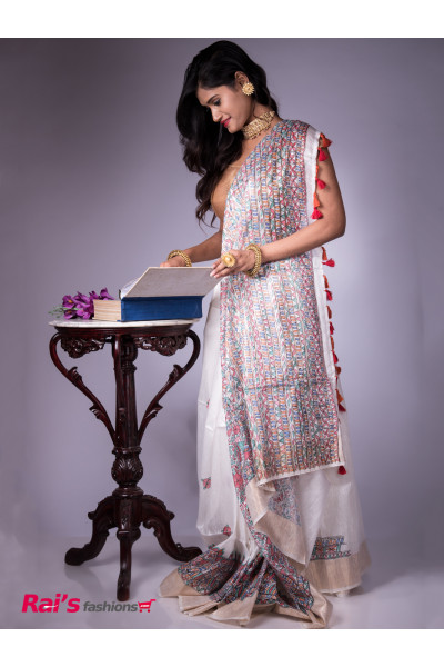 Handloom Fine Silk By Linen With Hand Madhubani Print (MA21A70)