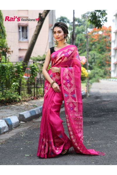 Handloom Natural Fabric Linen By Linen With Dhakai Jamdani Pattern Weaving Border And Pallu Work (MA21S1)