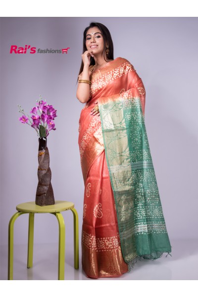 Handloom Pure Silk Linen With Traditional Weaving Border And All Over Hand Batic Print (MA21A83) 