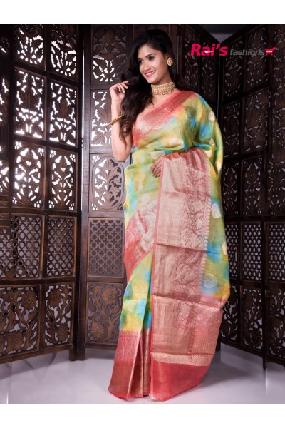 Handloom Silk Linen With Rainbow Dye And Benarasi Weaving Border And Pallu (MA21A85)